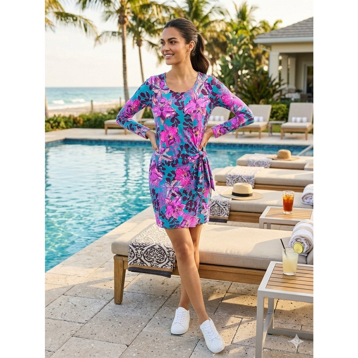 Lilly Pulitzer Bryson Long Sleeve Faux Wrap Dress Pink Blue Floral XXS EUC