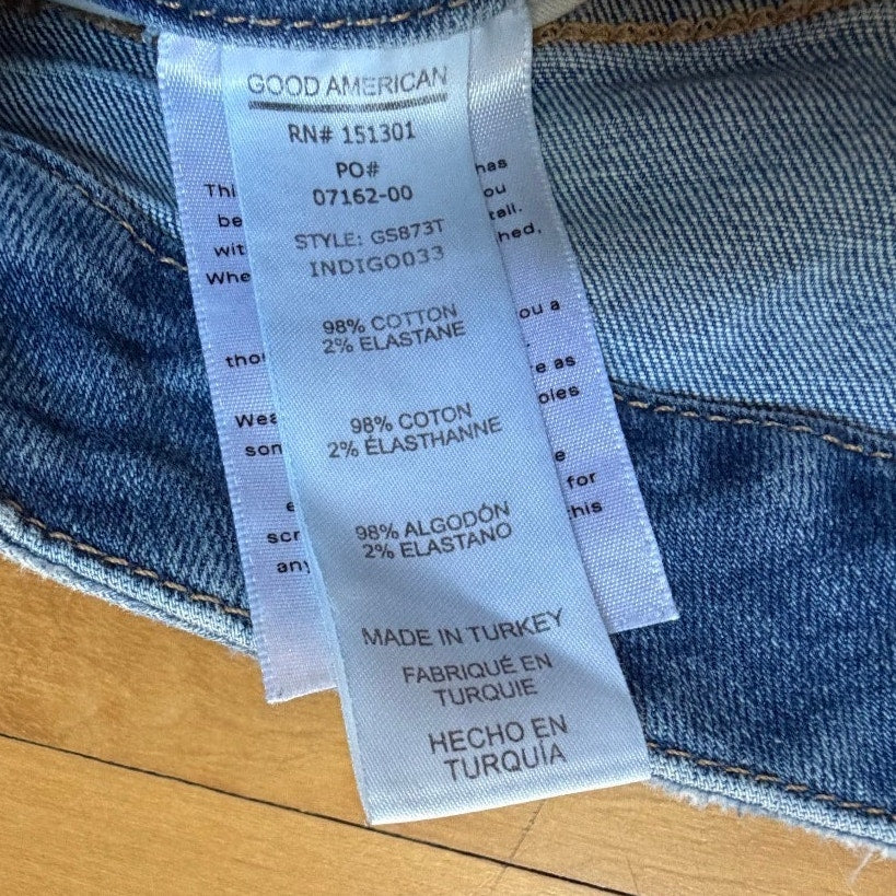 Good American Good Straight Jeans Size 4/27 High Rise Distressed Frayed Hem EUC