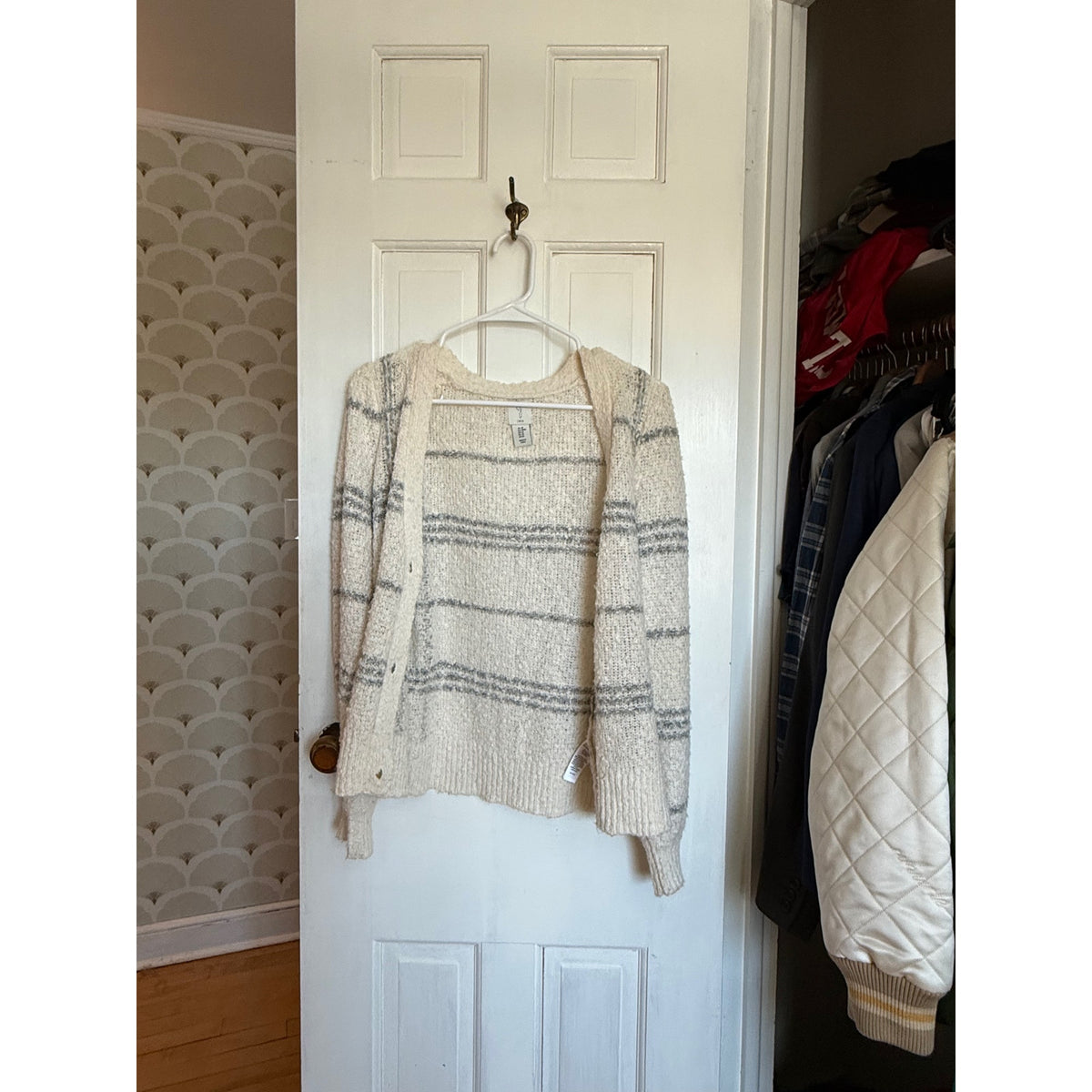 Joie Cardigan Sweater Cream/Gray Strips Size Medium