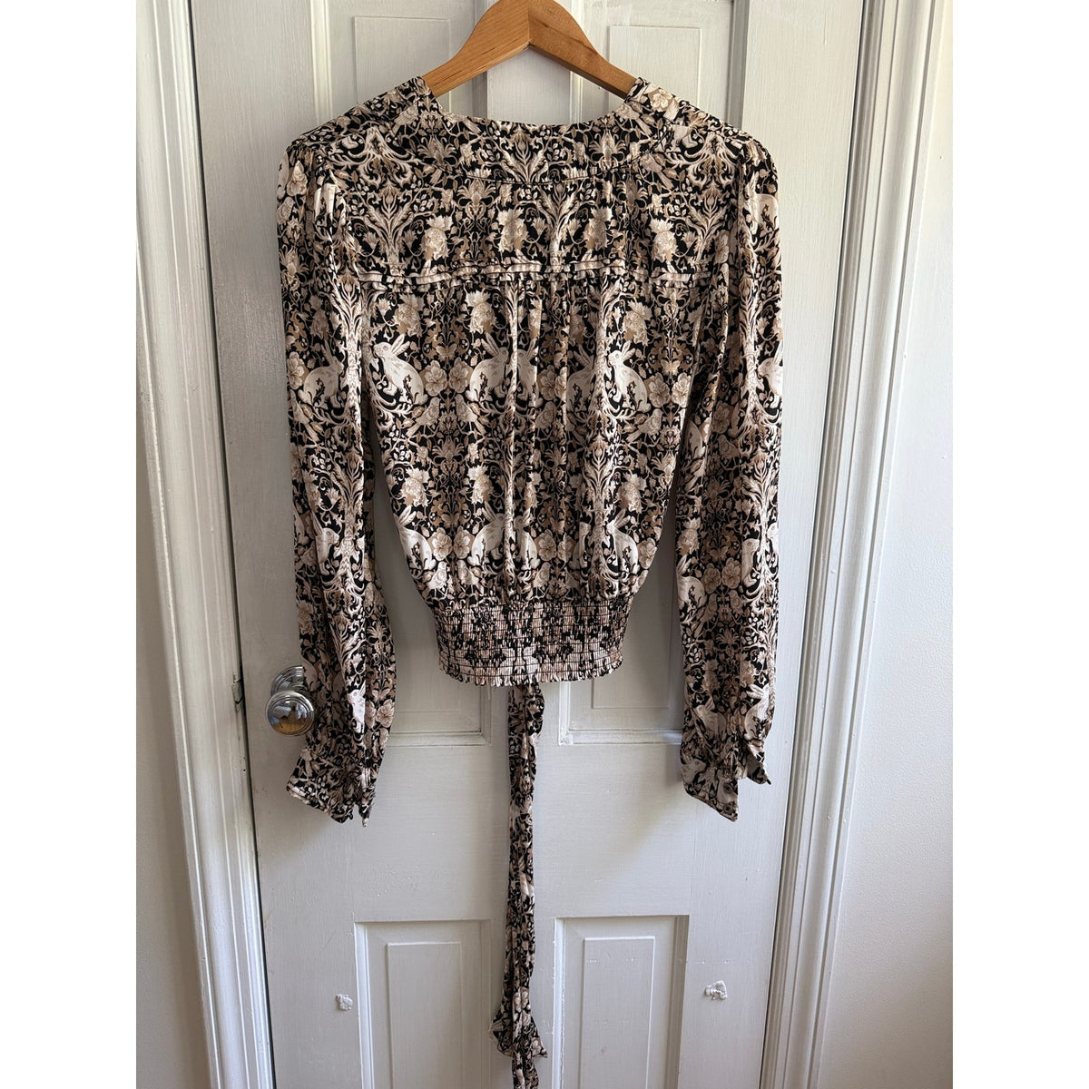 Anthropologie Black & Cream Paisley Long Sleeve Wrap Tie Blouse - Size M