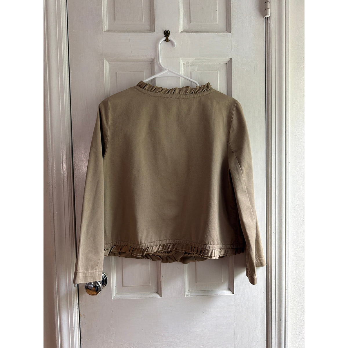 J.Crew Khaki Cotton Jacket Silk Ruffle Trim Size 8