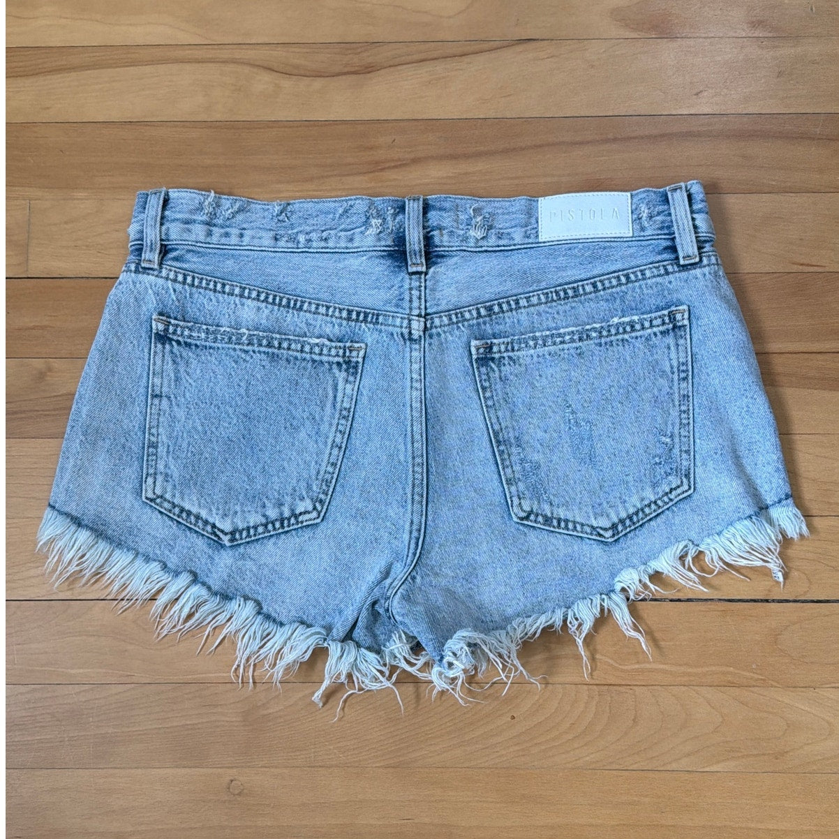 Pistola Jean Shorts 29 Light Wash Low Rise Distressed Frayed Raw Hem Denim EUC
