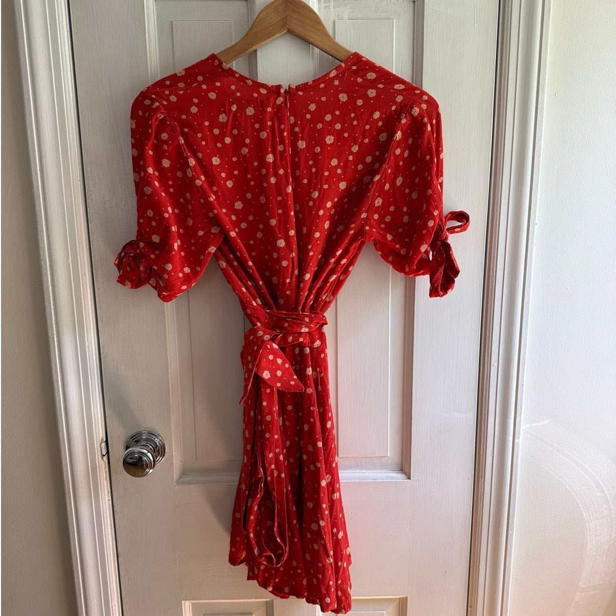 Faithfull The Brand Red Polka Dot Midi Dress Short Sleeve Belted Size 4 US EUC