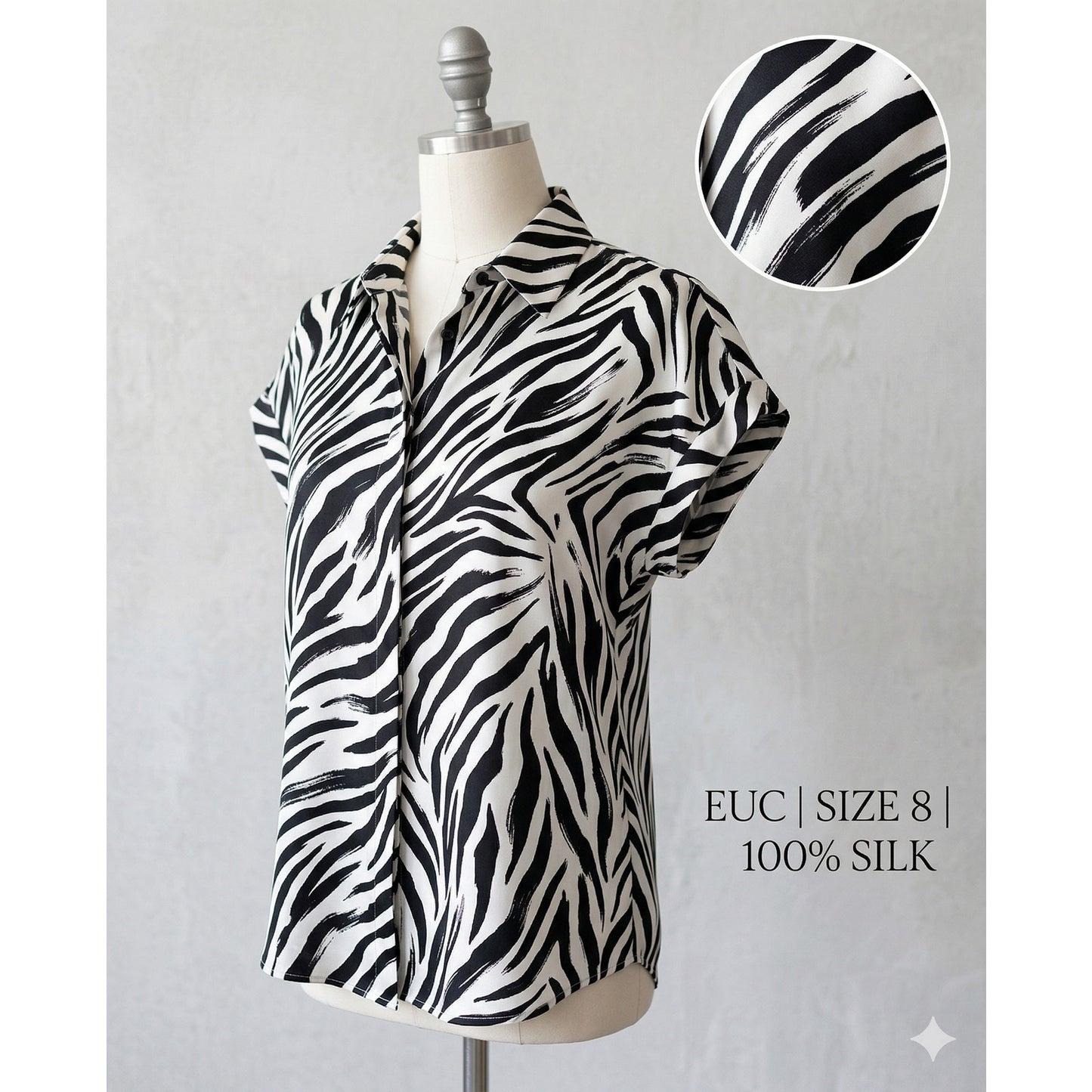 Lafayette 148 NY Zebra Silk Short Sleeve Blouse Size 8 EUC