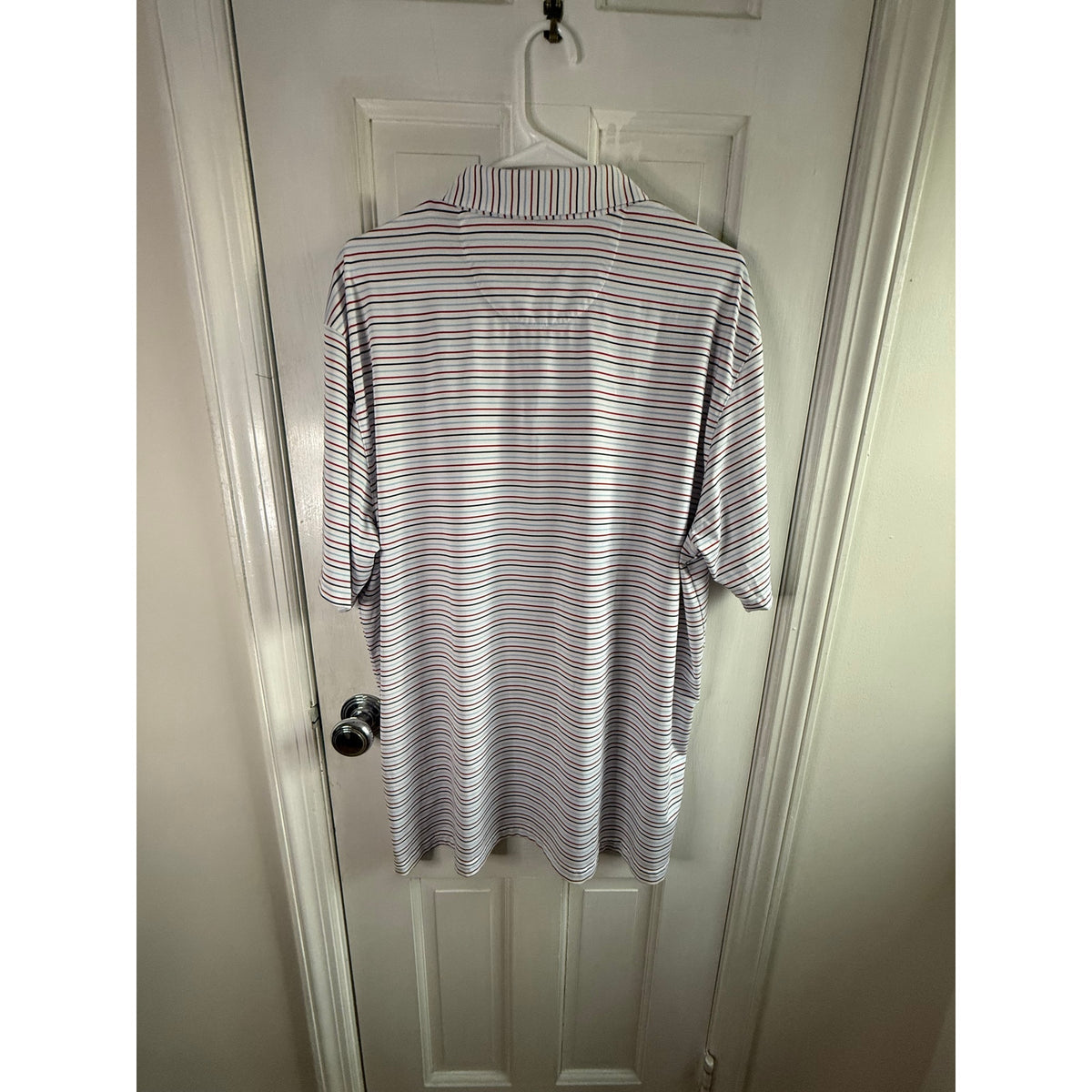 Greg Norman Play Dry Golf Polo Mens XL White Striped Father & Son Logo EUC