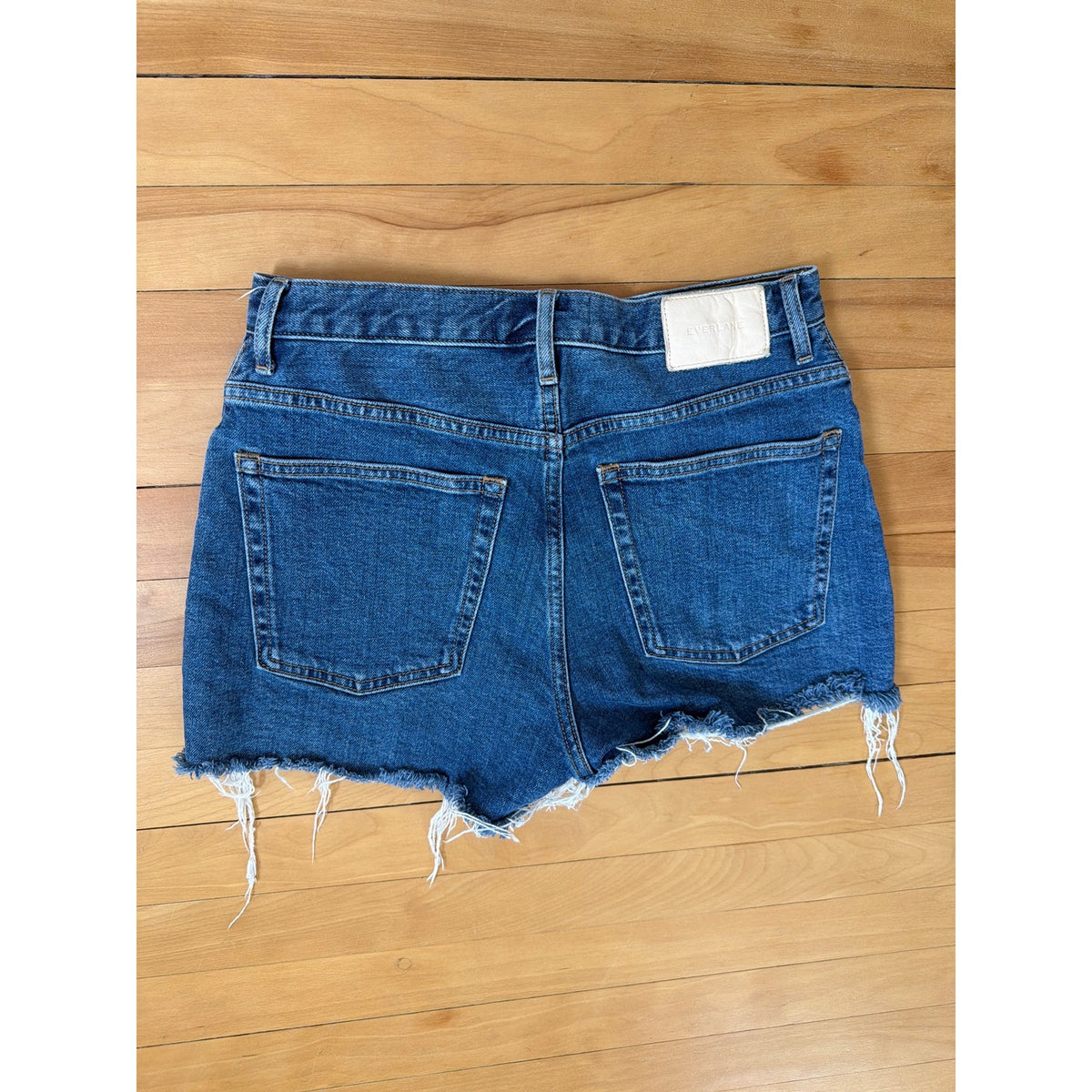Everlane The Cheeky Short Vintage Mid-Blue 27 EUC Frayed Hem Button Fly