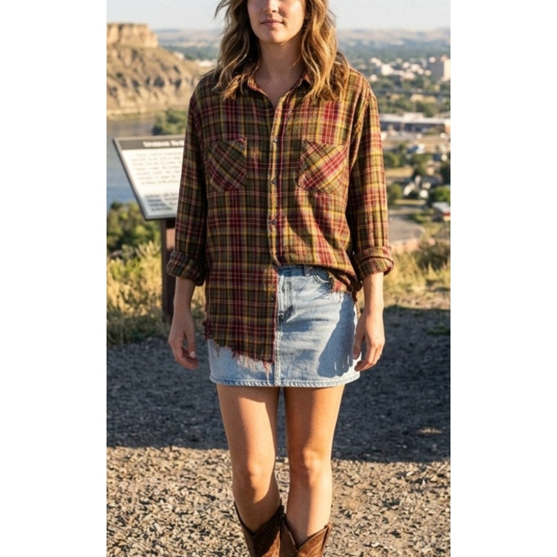The Kooples Women’s Small Plaid Distressed Flannel Shirt Raw Hem Multi-Color EUC