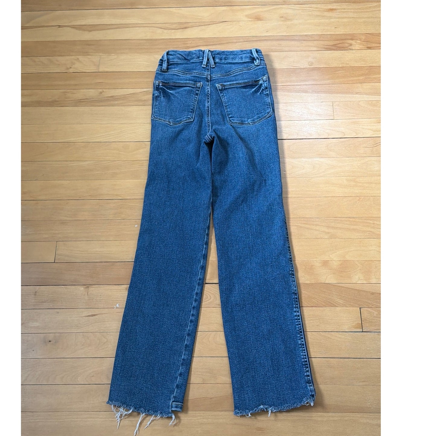 Good American Size 0 Good Curved Straight Dark Wash High Rise Straight Leg Distressed Hem Jean