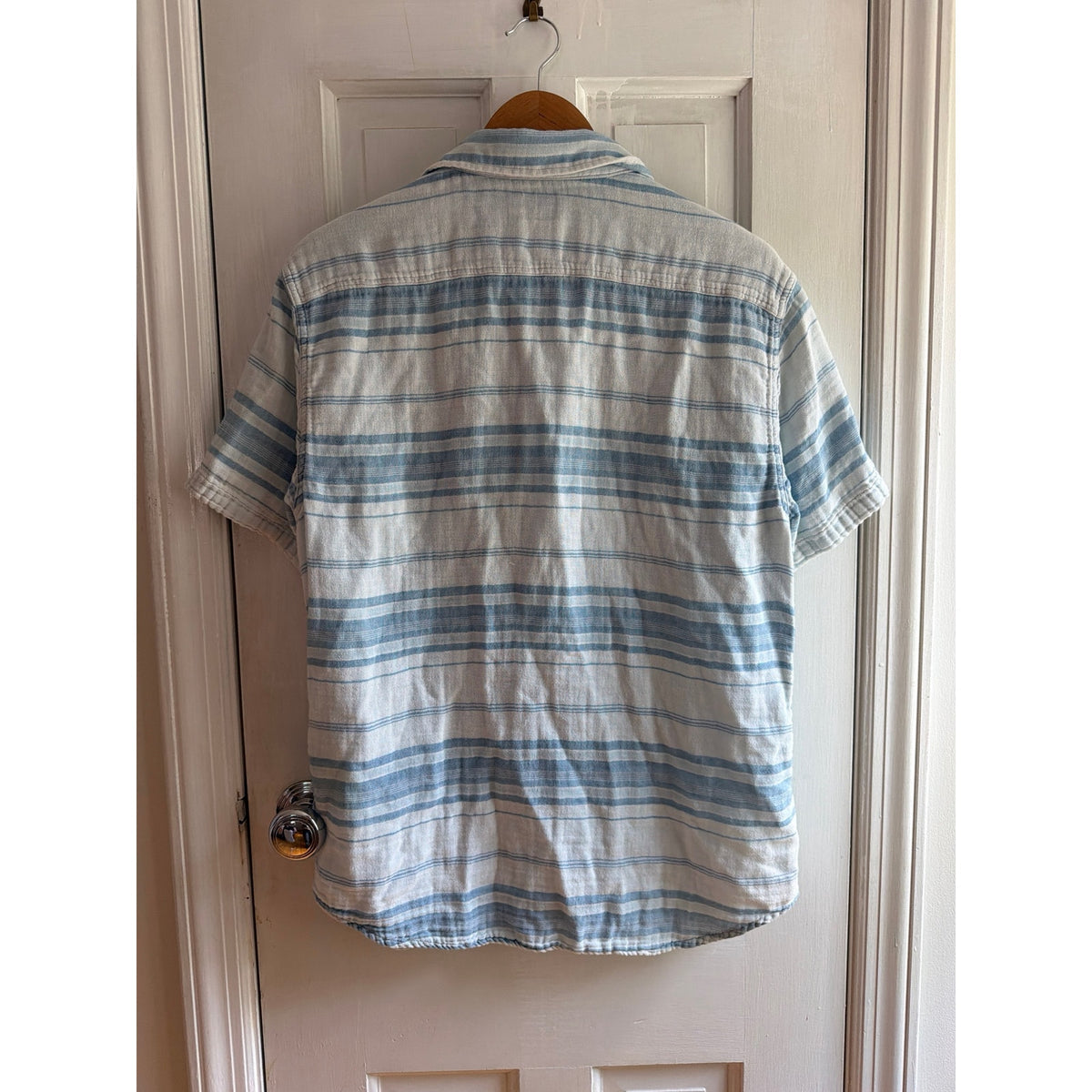 Faherty Mens Large Short Sleeve Organic Cotton Button Down Shirt Blue Stripe