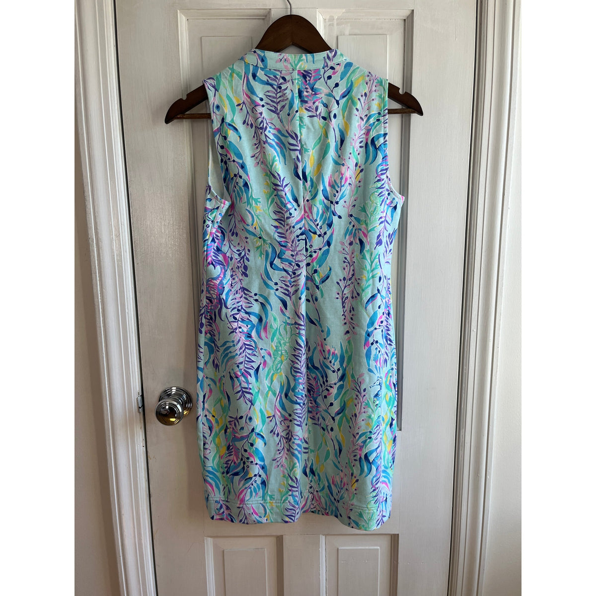 Lilly Pulitzer Sherryn Shift Dress XS Seahorse Ruffle Neck Blue Green Resortwear