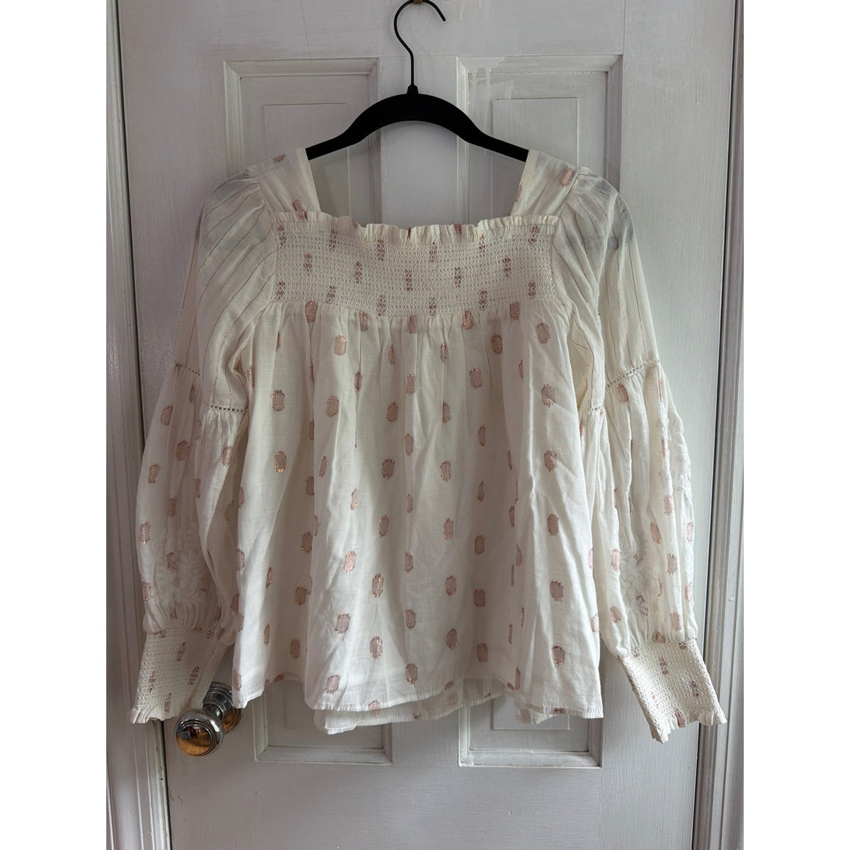 by Anthropologie Metallic Fil Coupé Smocked Boho Blouse, X-Small Petite