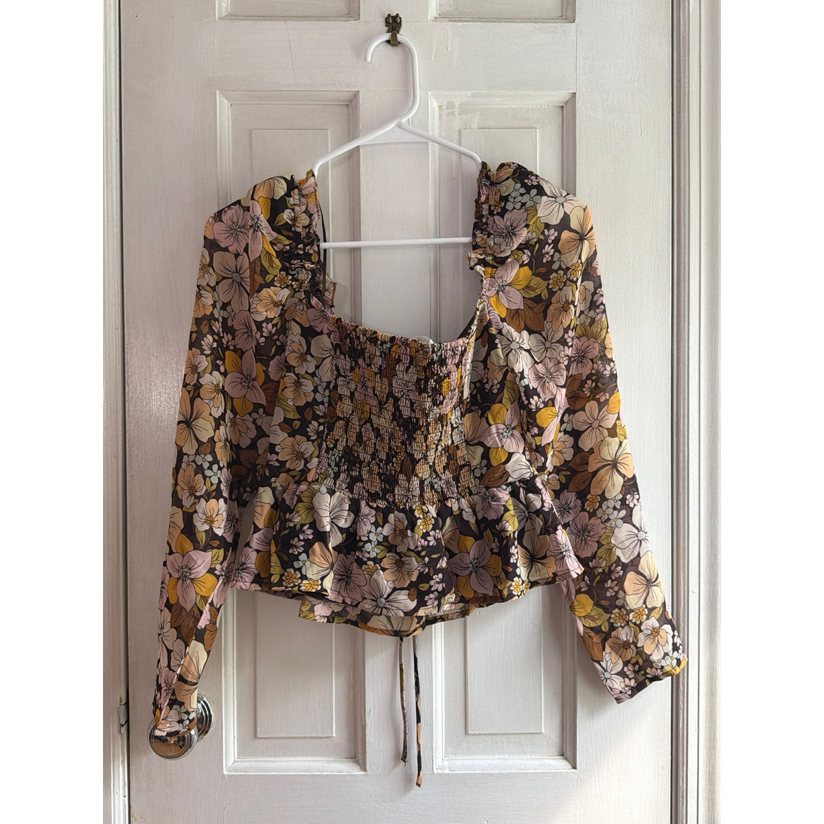 ASTR The Label Floral Ruched Sweetheart Neck Peplum Blouse Brown XS