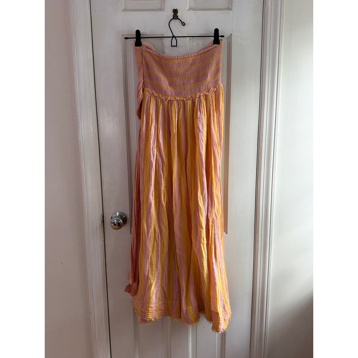 Free People Striped Strapless Smocked Maxi Dress XS Gauze Raw Hem