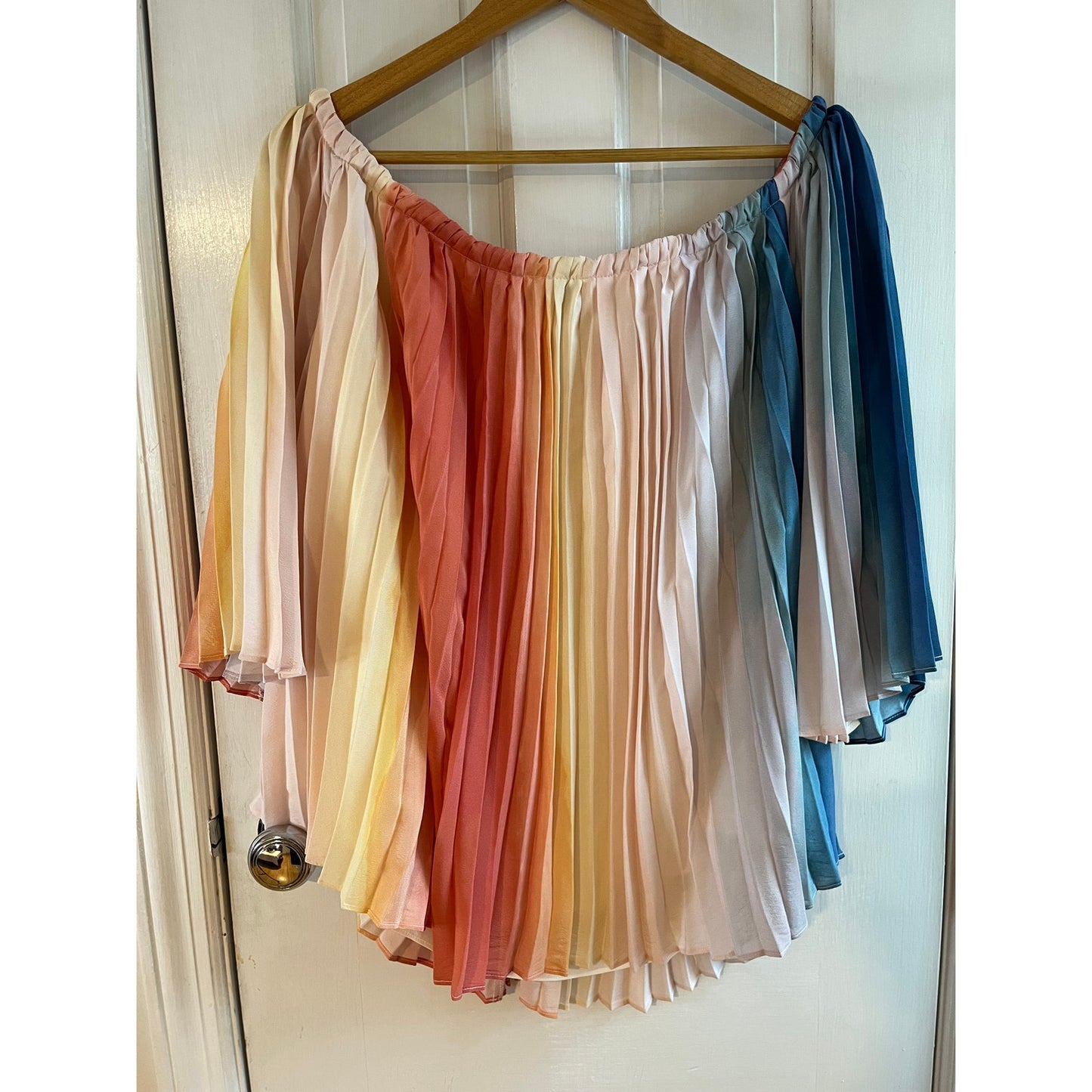 Ecru Rainbow Stripe Pleated Off Shoulder Top Boho Accordion Plissé Small