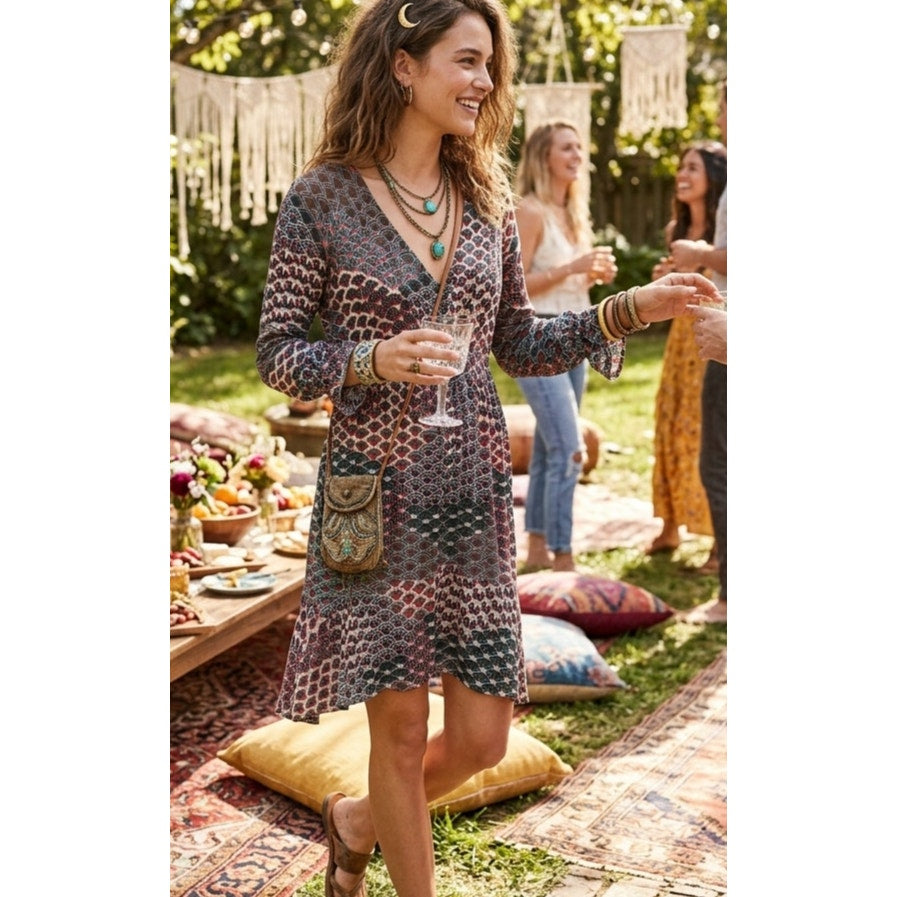 Anthropologie Maeve Monaco Empire Fan Print Long Sleeve Dress XS Oversized EUC
