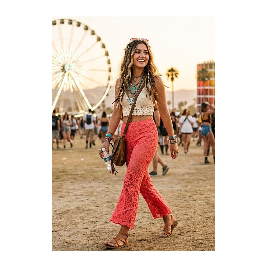 Free People Wild Laces Pull On Crop Flare Pants Coral Pink XS EUC