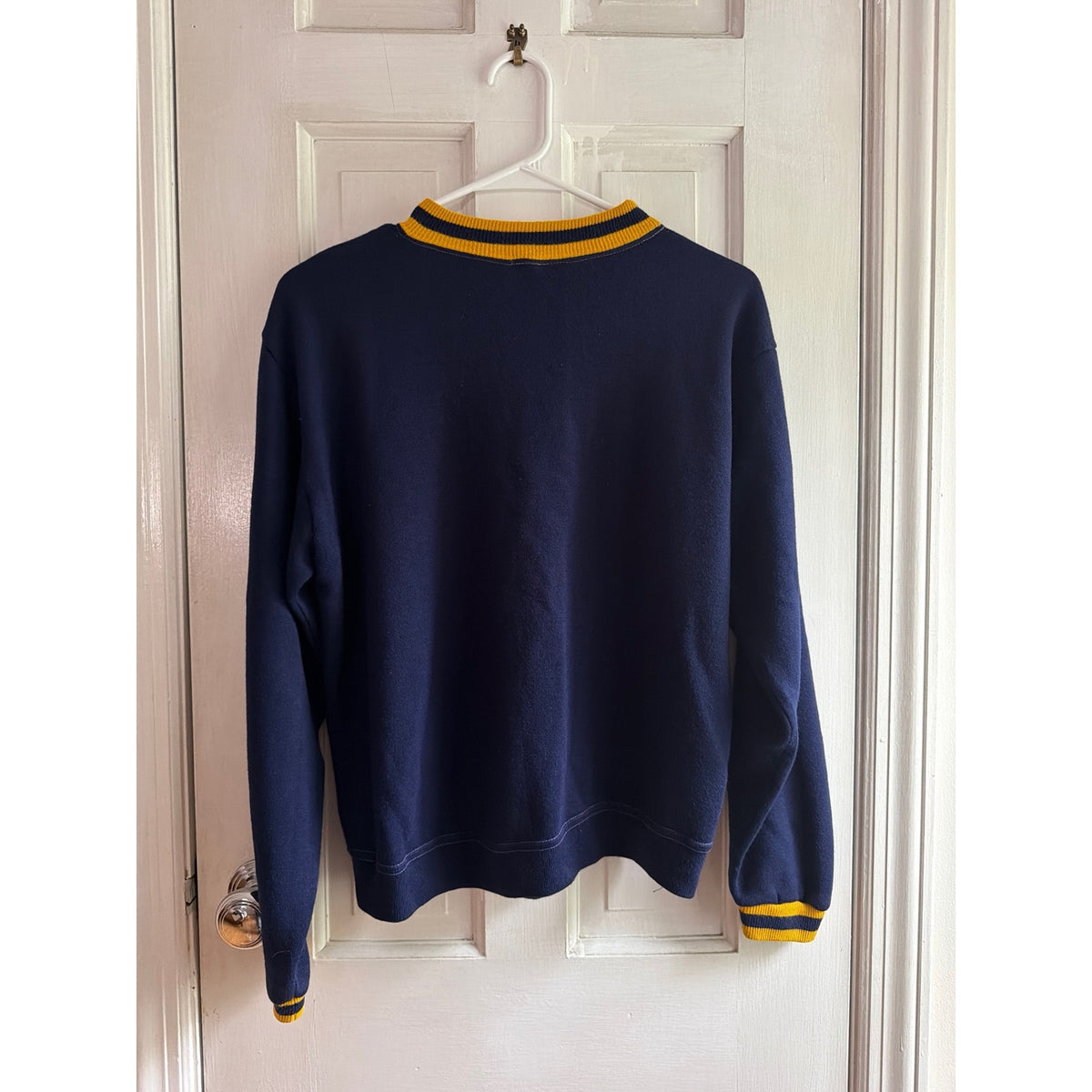 Vintage Sterling Navy Blue & Gold Striped Collar Crewneck Sweatshirt