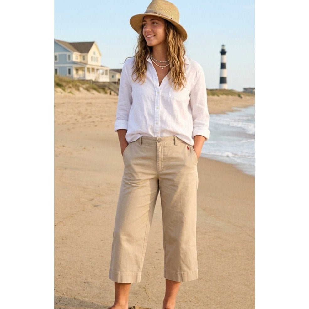 Vintage Ralph Lauren Khaki Wide-Leg Capri Pants - Women's Size 12 - EUC