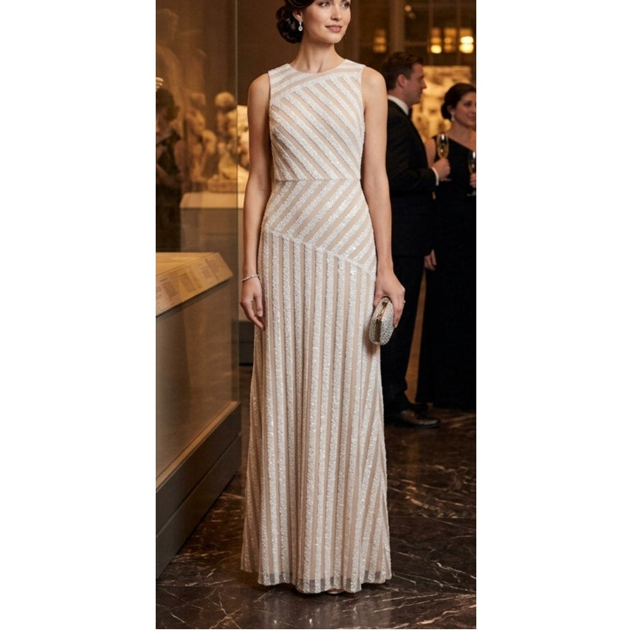 Donna Morgan Gigi Striped Sequin Gown - Champagne/Silver - Size 6 - EUC