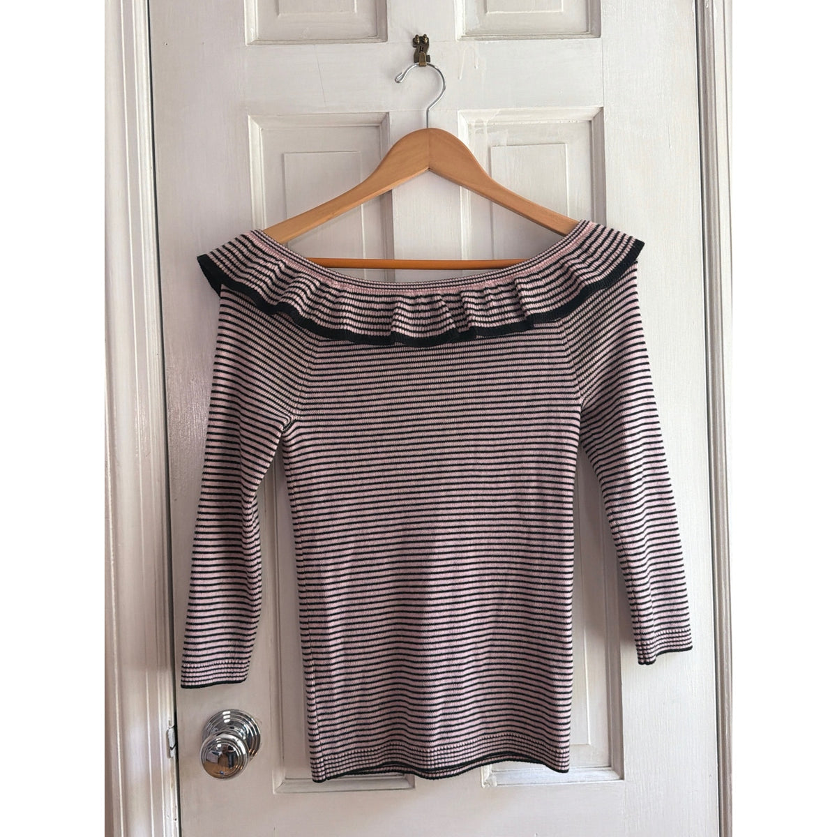 NWT Rebecca Taylor Pink Black Striped Ruffle Neck Merino Wool Sweater M