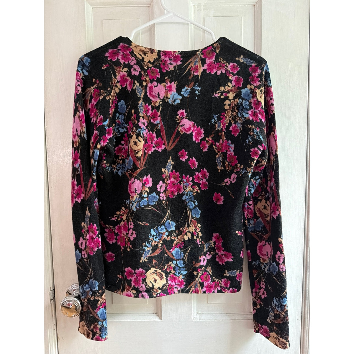 Kate Hill 100% Merino Wool Cardigan Sweater Floral Black Size Medium M