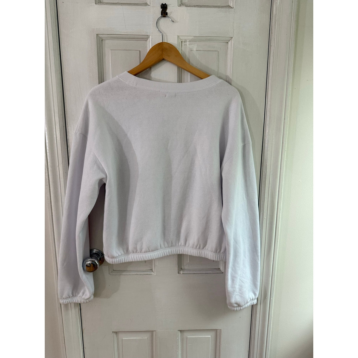 Vintage GUESS Logo Tape Trim Cropped Sweatshirt Womens Large White Red Stripe L