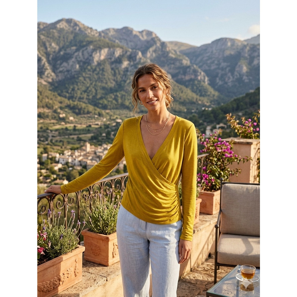 Anthropologie Saturday/Sunday Mustard Yellow Wrap Top - Long Sleeve - Small