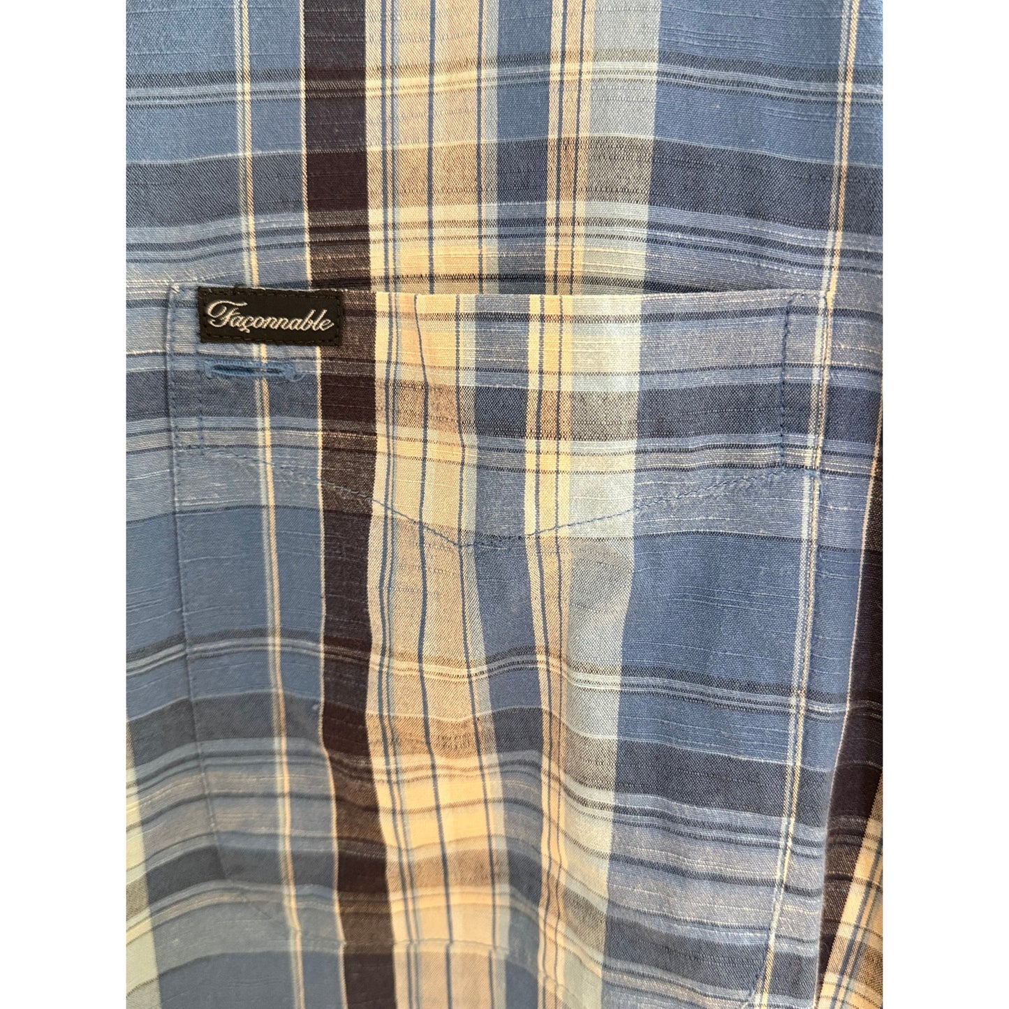 Faconnable Men's Short Sleeve Button Down Plaid Blue/White Lg