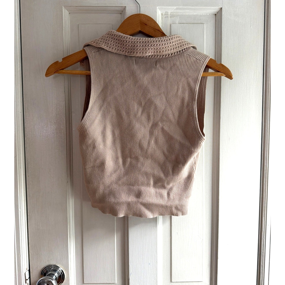 Caroline Constas Beige Ribbed Knit Sleeveless Polo Top | Size S