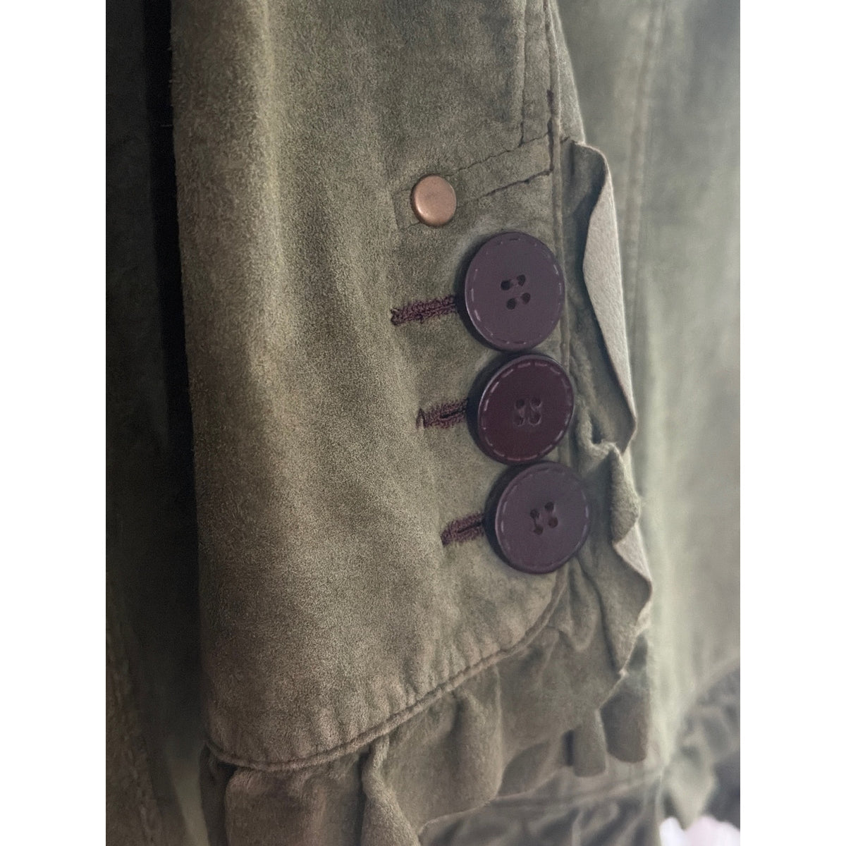 Vintage Marc Baxis Jacket Womens Small Green Genuine Suede Ruffle Trim Military