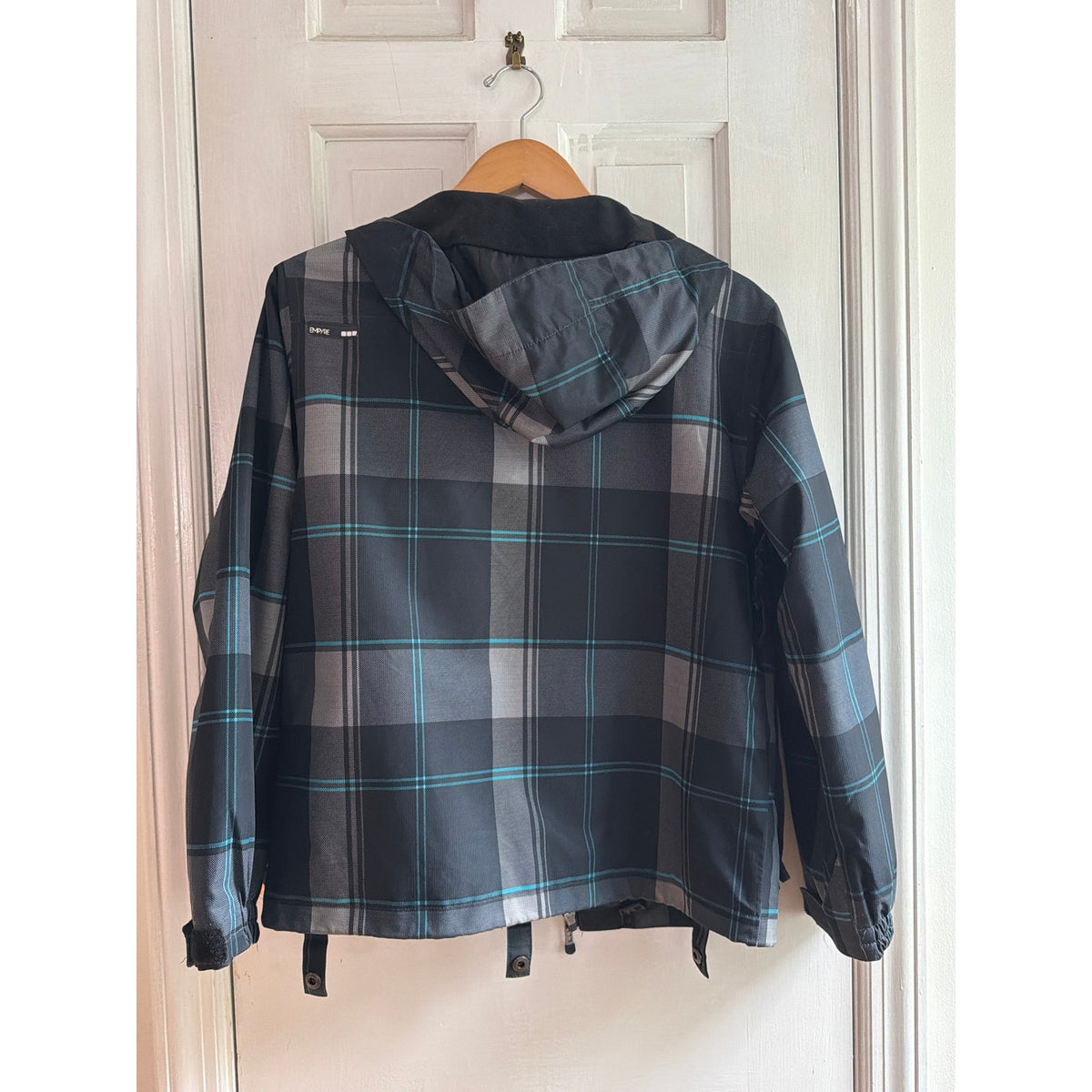 Empyre Mens Large Plaid Hooded Jacket Black Teal Blue Outerwear Warm Skate L