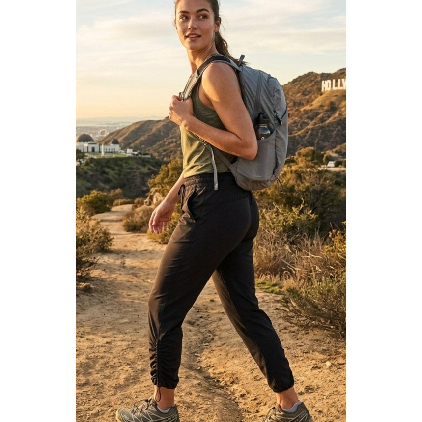 Athleta Venice Ruched Jogger Pants Black Size 12 Crop Capri Hiking Lounge EUC