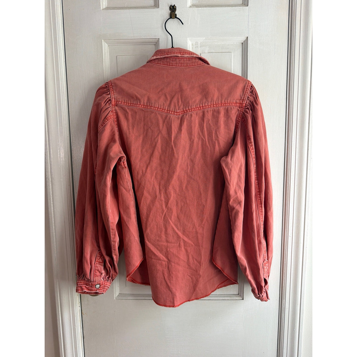 We The Free (Free People) Puff-Sleeve Denim Shirt - Size S Coral Pink