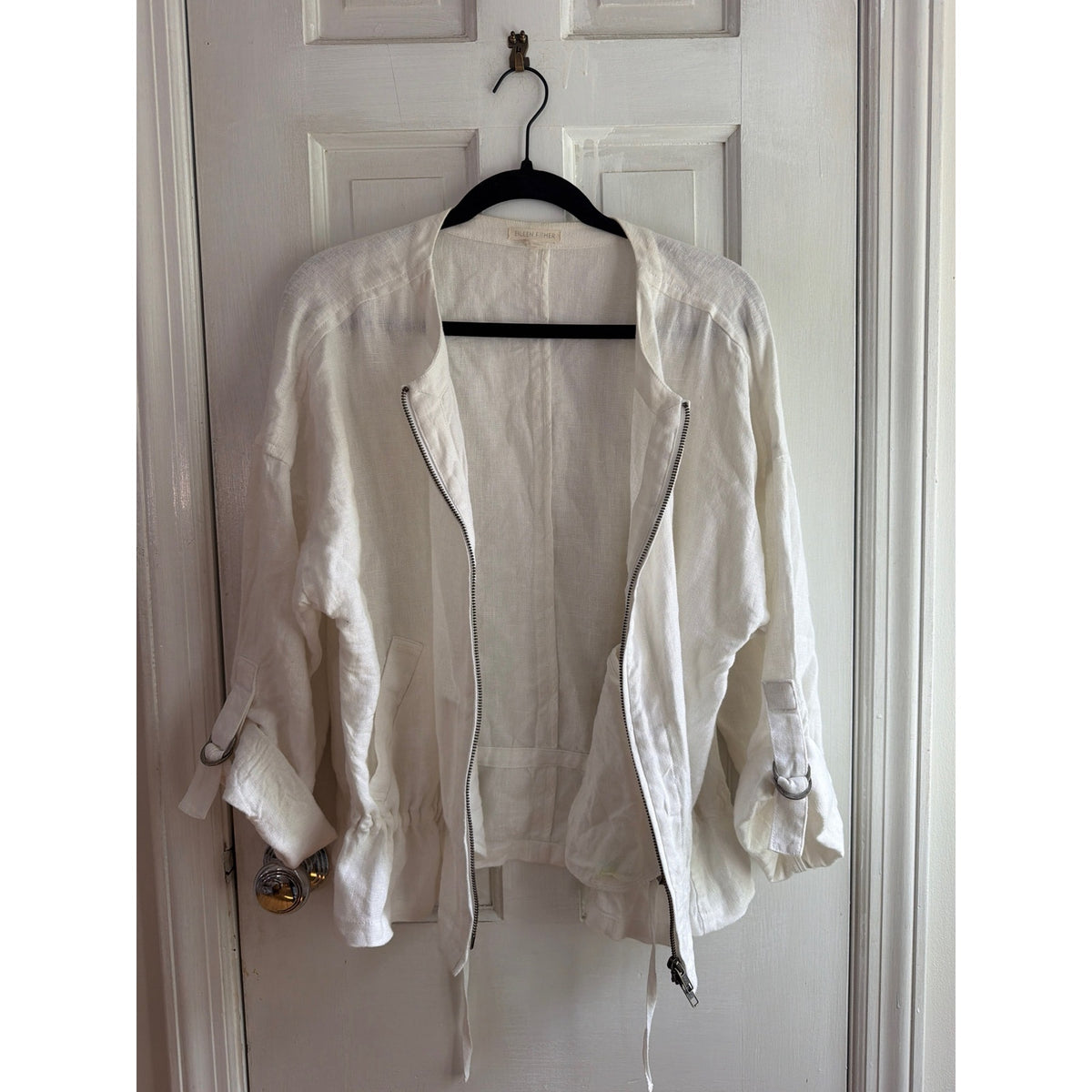 Eileen Fisher 100% Organic Linen Zip-Front Bomber Jacket - Size S White