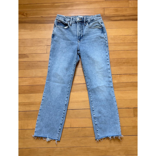 Good American Jeans Size 0 Light Wash High Rise Wide Leg Frayed Hem EUC