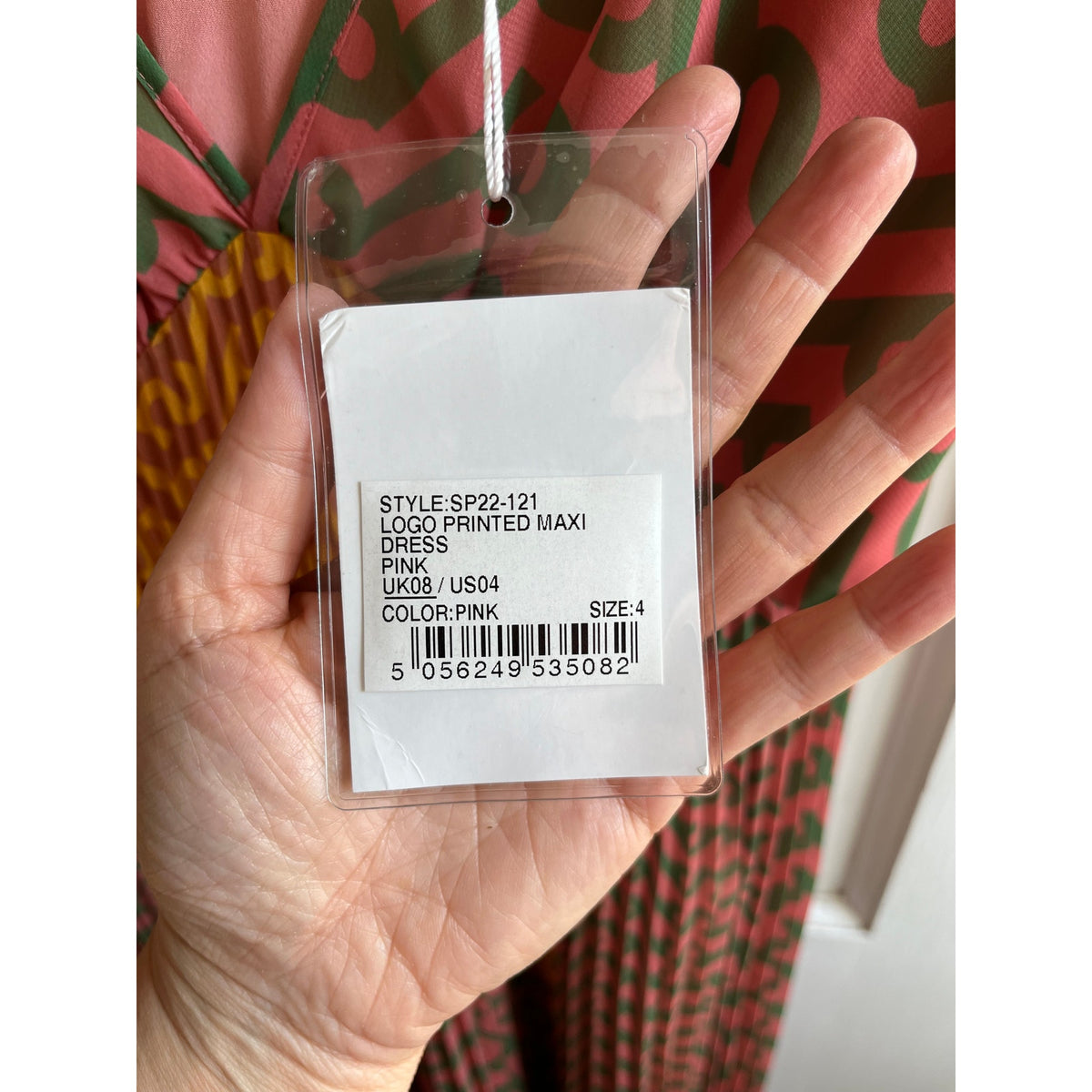🌟 NWT Self-Portrait Logo Print Pleated Chiffon Maxi Dress Pink Green Size 4 US
