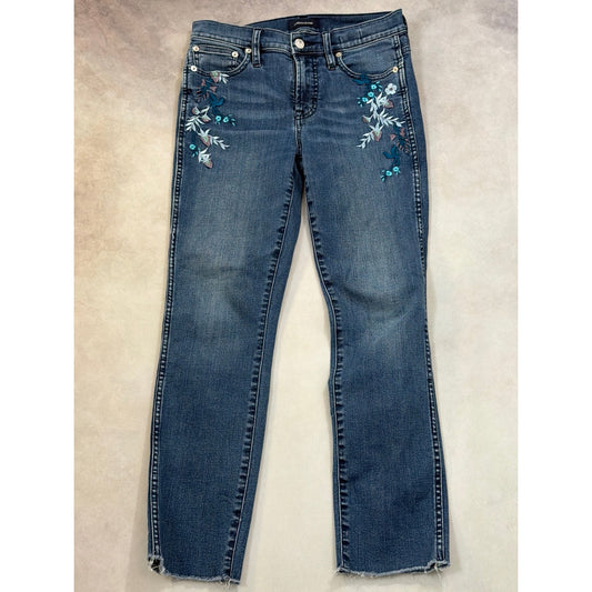 J.Crew Floral Embroidered Vintage Straight Leg Jeans Size 26 Medium Wash Raw Hem
