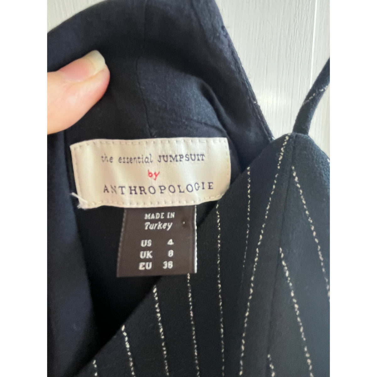 Anthropologie The Essential Pinstripe Jumpsuit Navy White Wide Leg Size 4