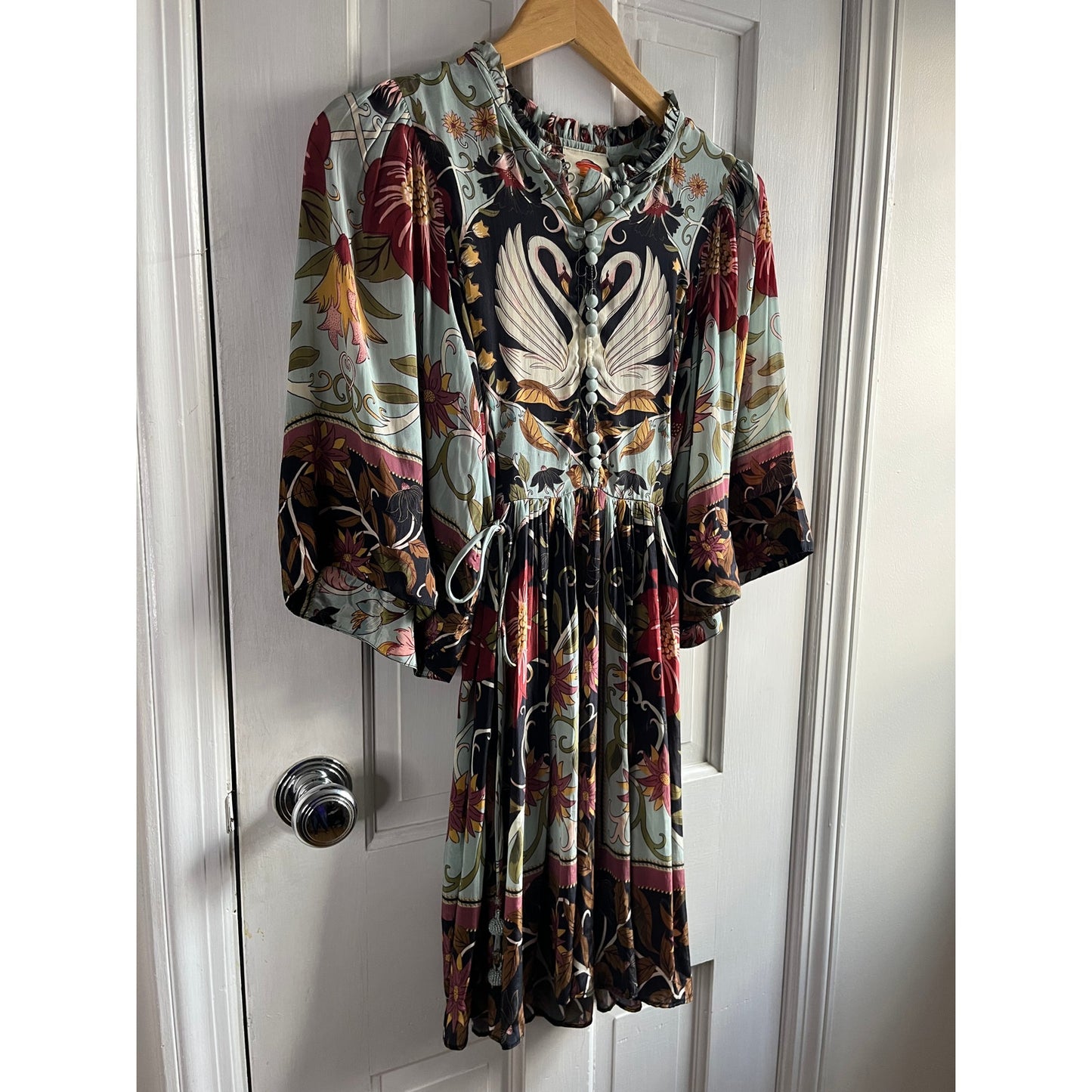 FARM Rio Blue Flowing Beauty Swan Print Mini Dress Short Sleeve Sz XXS