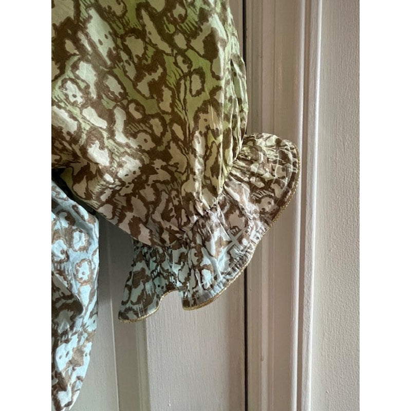 Juliet Dunn, London Dress, Boho  gold ruffle sleeves, Size 1