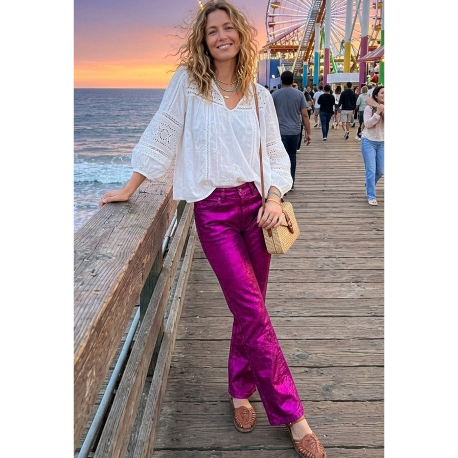 Free People "Speed of Light" Crushed Velvet Flare Pants Size 25 EUC Metallic Pink