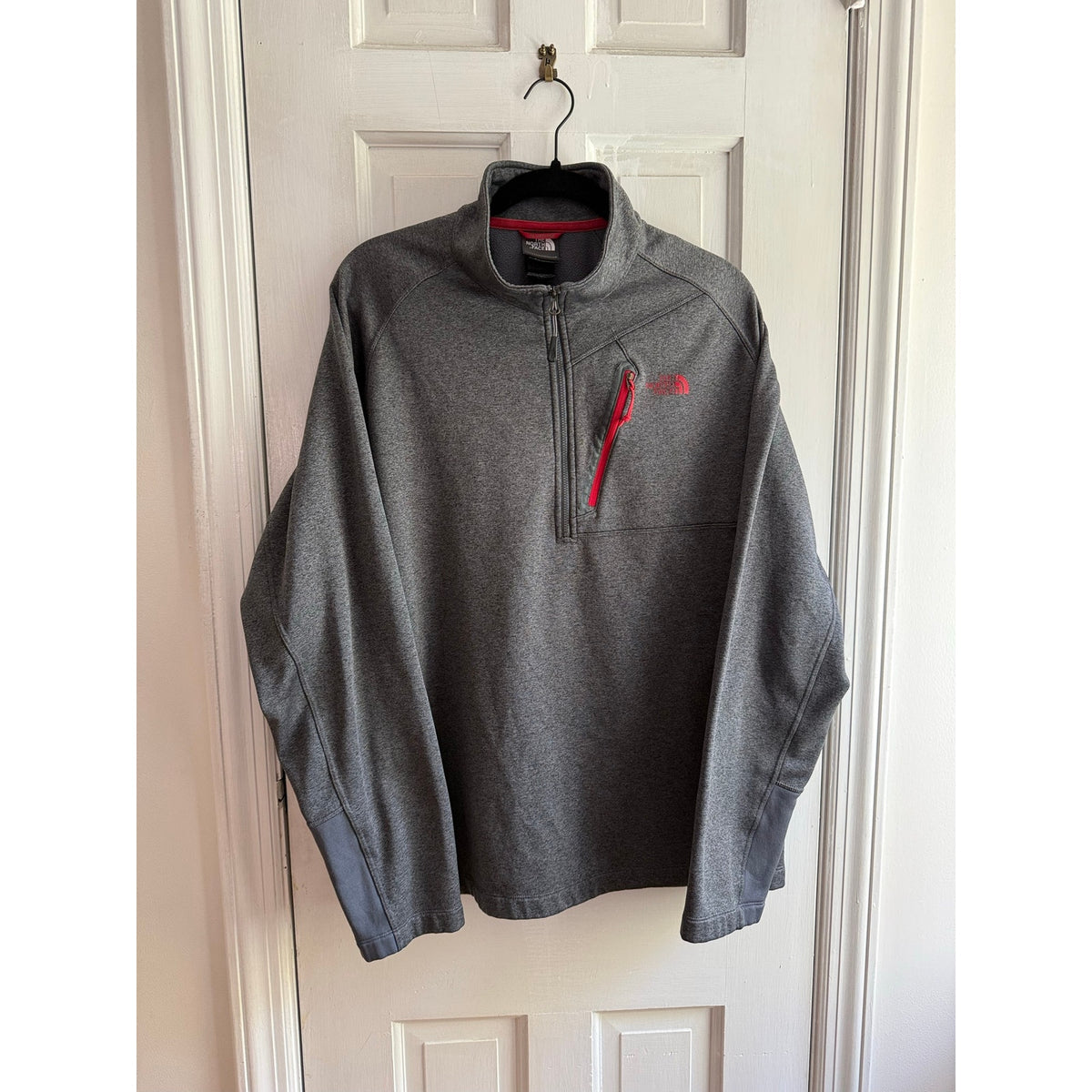 The North Face Gordon Lyons 1/4 Zip Fleece Pullover Mens XL Heather Grey Red Mtn
