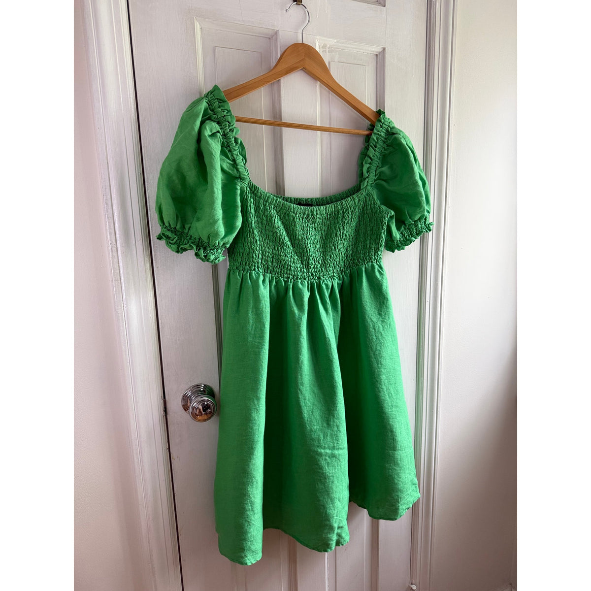 House of Harlow 1960 Kelly Green Linen Mini Dress - Puff Sleeve - Small - EUC