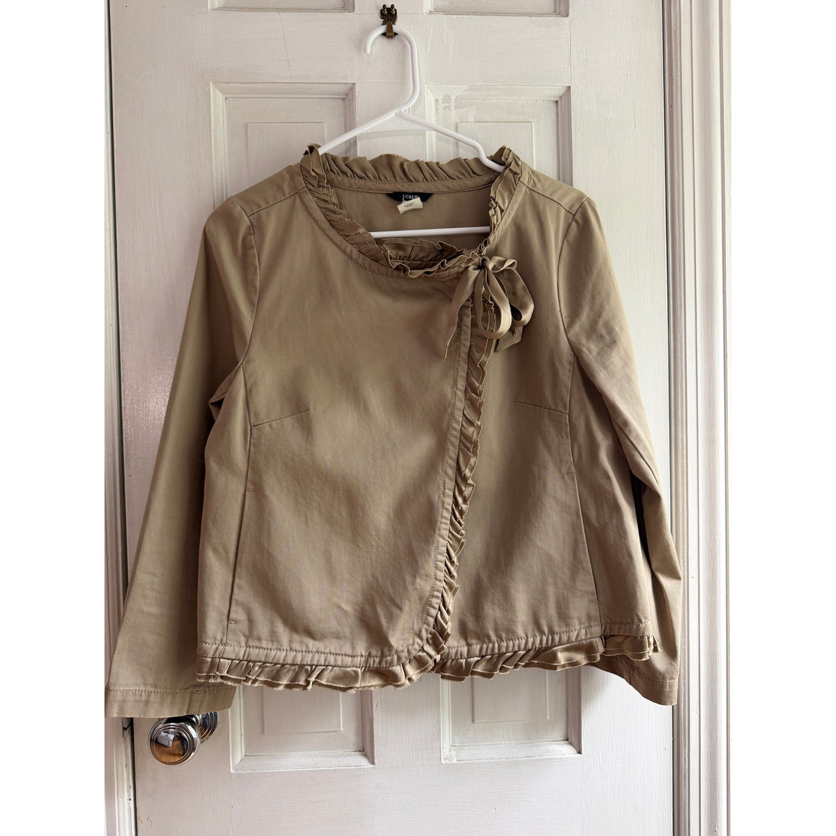 J.Crew Khaki Cotton Jacket Silk Ruffle Trim Size 8