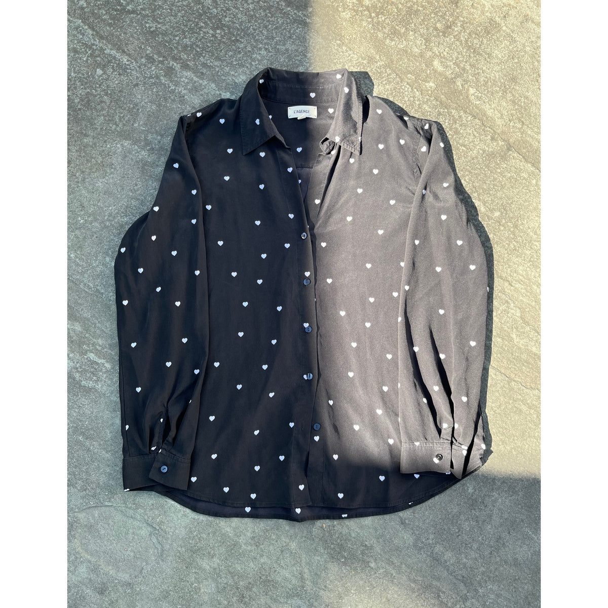 L'Agence Nina Heart Print Button Down Shirt Black White Blouse Medium