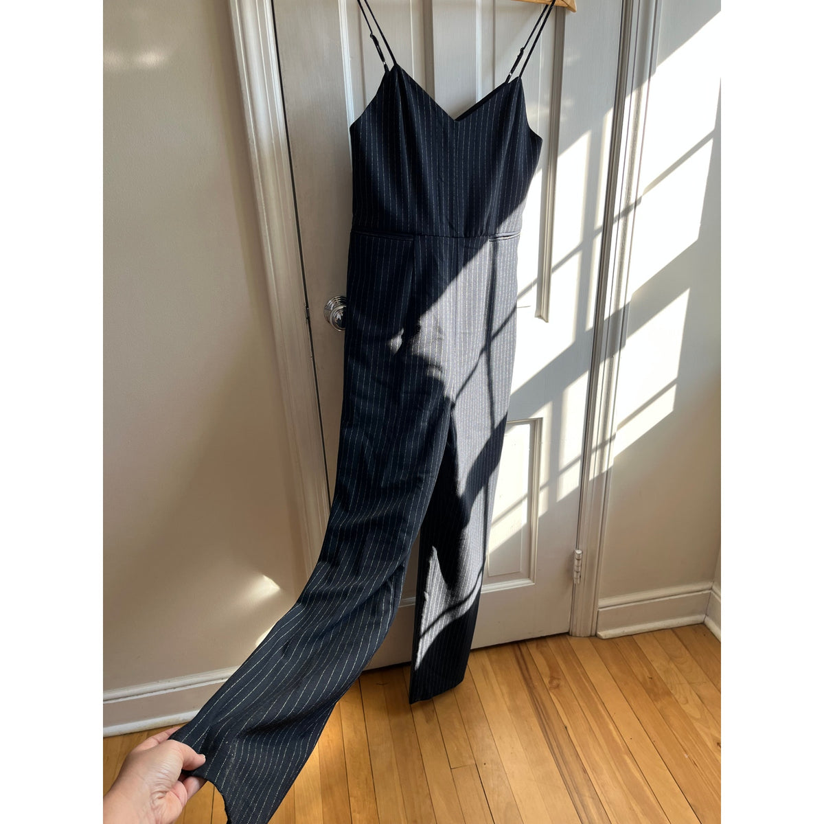 Anthropologie The Essential Pinstripe Jumpsuit Navy White Wide Leg Size 4
