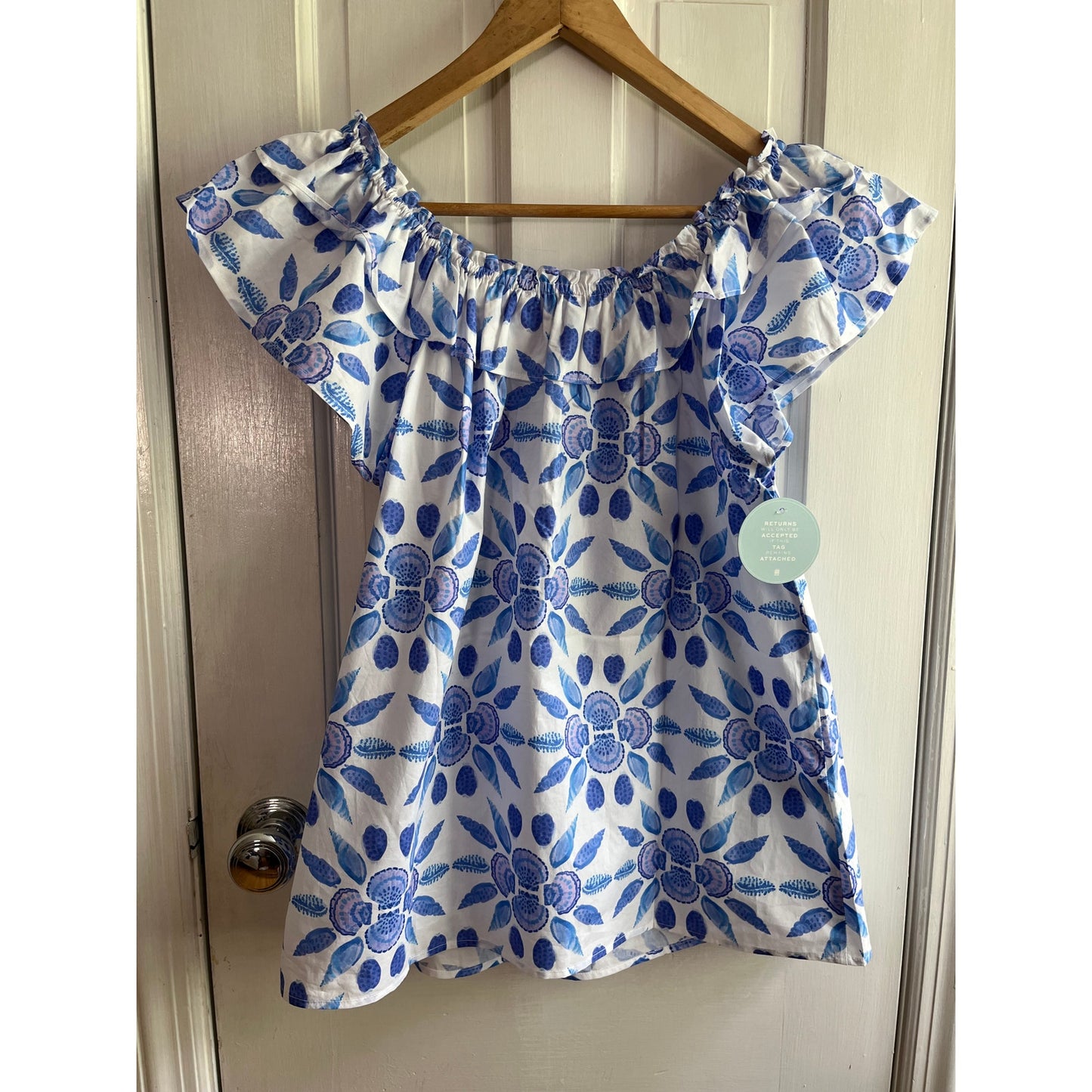 NWT Hill House The Augustine Top Blue Shell Mosaic Cotton Sz S Ruffle Smock