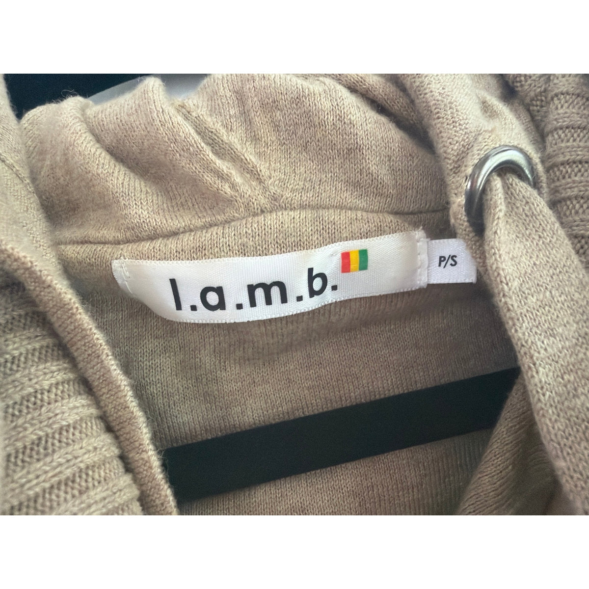 L.A.M.B. Cotton Cashmere Cowl Neck Drawstring Hoodie Sweater Oatmeal Tan P/S