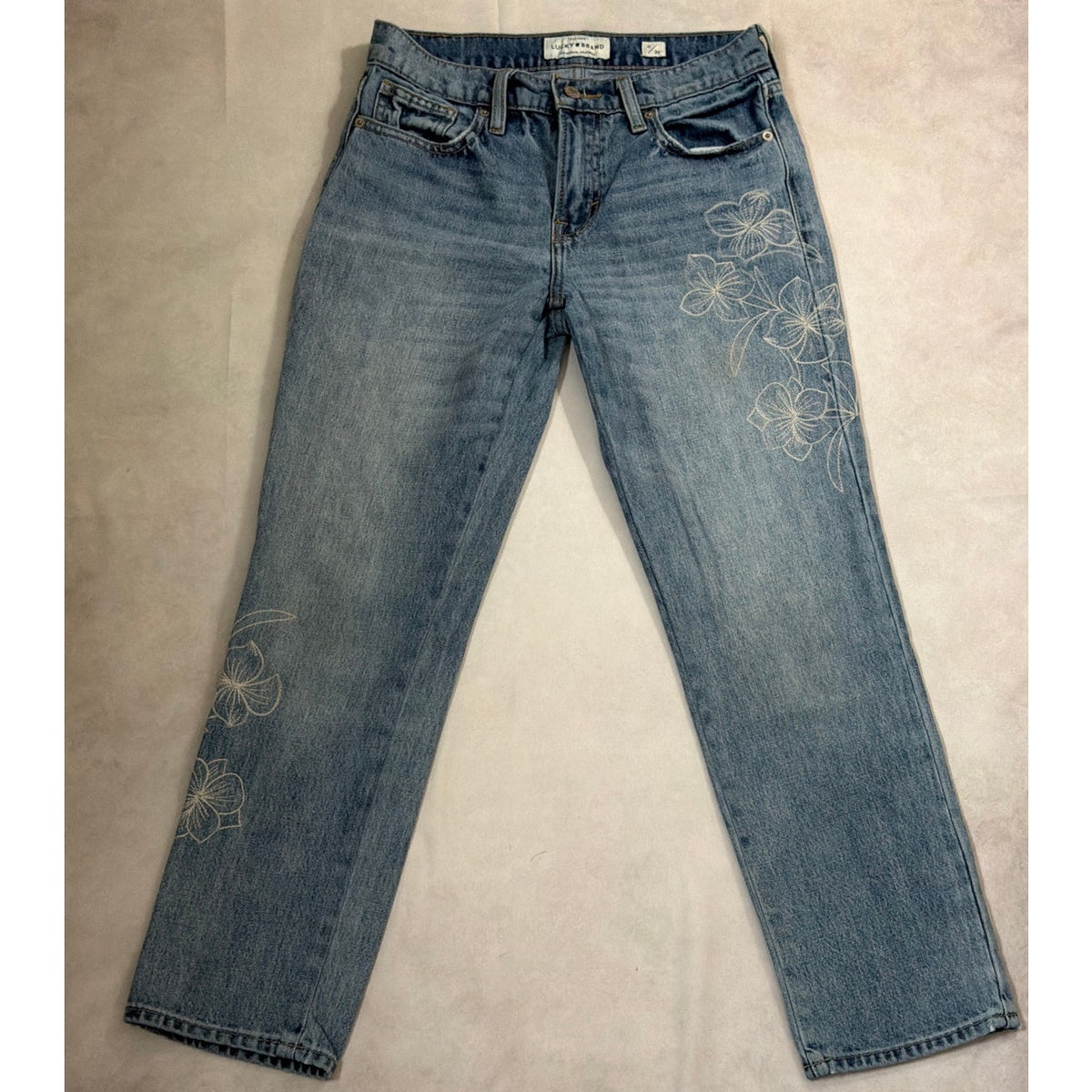 Lucky Brand Size 0/25 Sienna Slim Boyfriend Flower Embroidered Light Wash Jeans