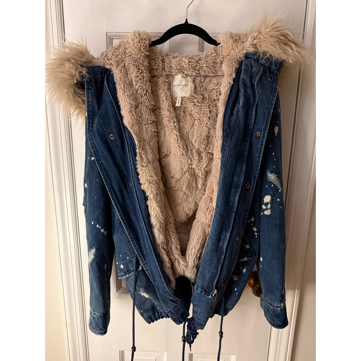 Avec Les Filles Distressed Denim Coat with Removable Faux Fur Lining - Small (Oversized)